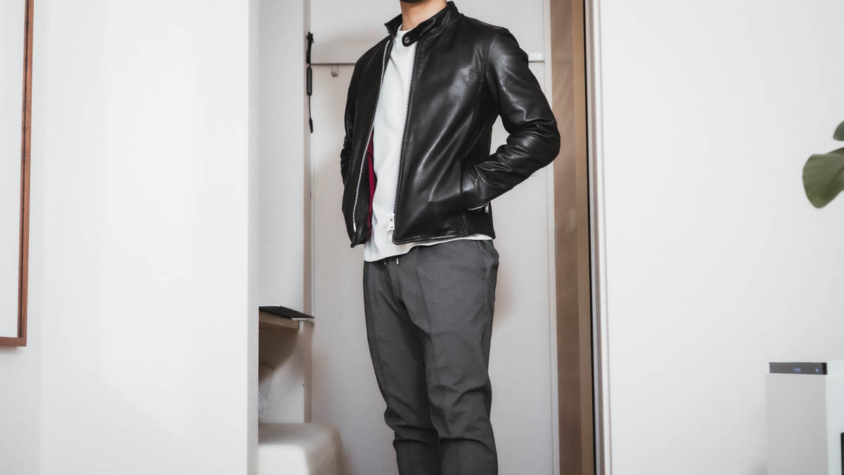 革ジャン、グレースラックスコーデ